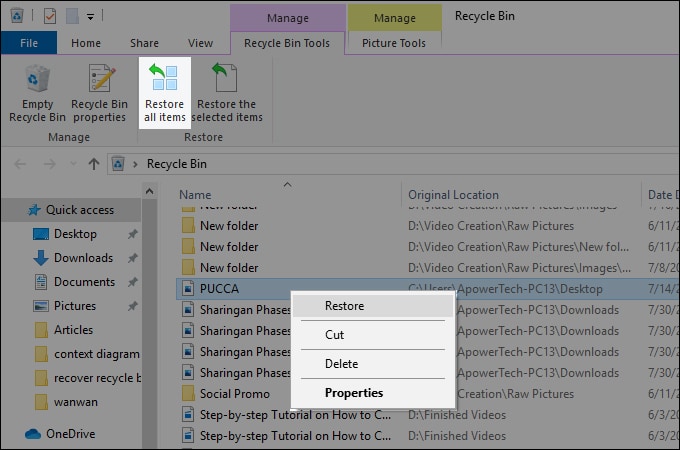 restore from recycle bin