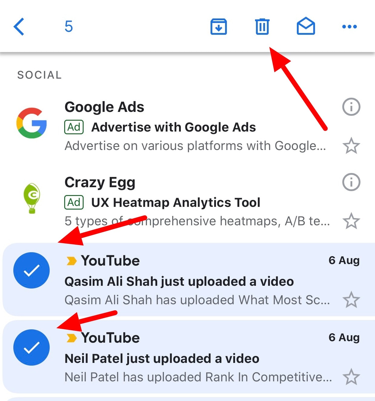 delete bulk emails in gmail app