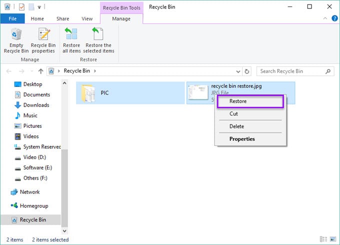 restore files using recycle bin