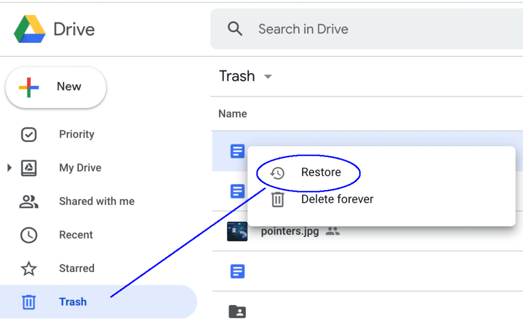 restore files using google drive trash