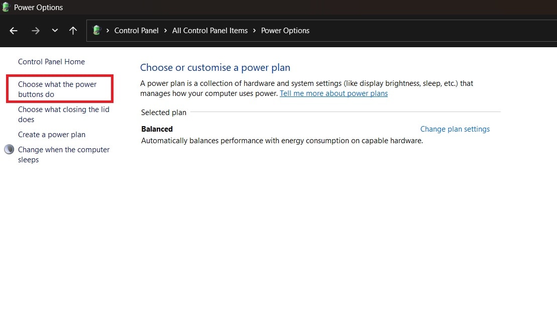 power options settings control panel