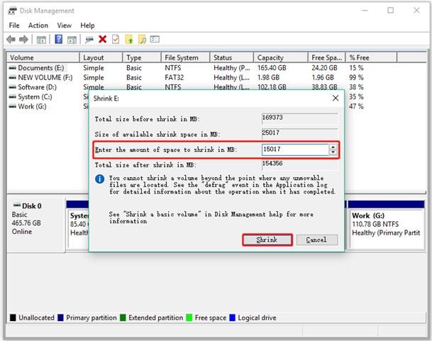 disk management shrink volume