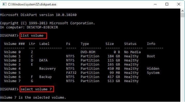 diskpart commands list volume