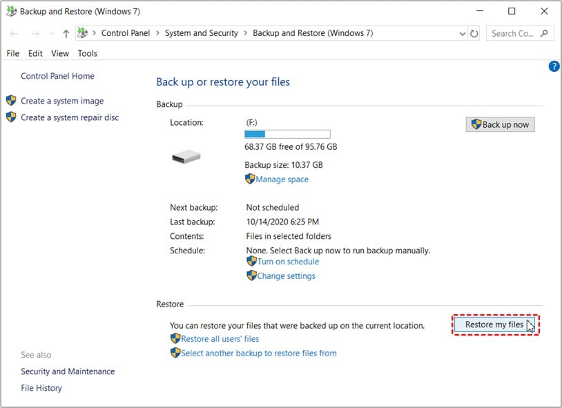 windows backup restore my files button