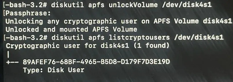 run diskutil unlock volume