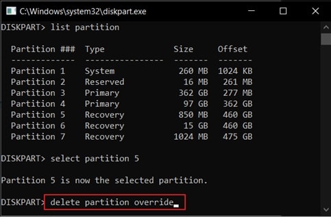 delete partition override command
