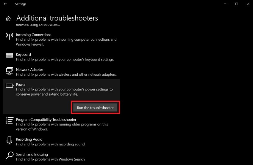 run the power troubleshooter