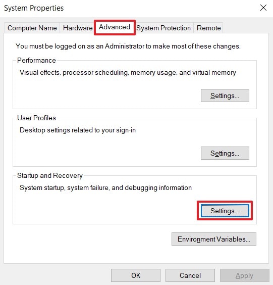 startup and recovery settings button