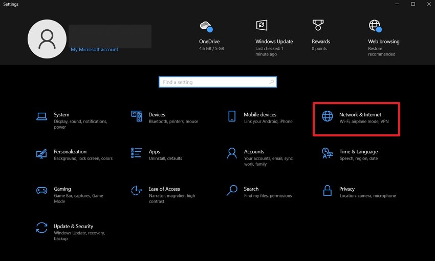locate network and internet settings