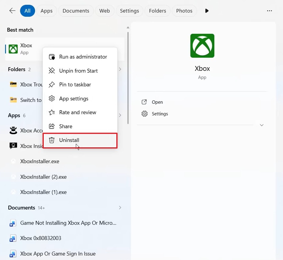 uninstall xbox app from start