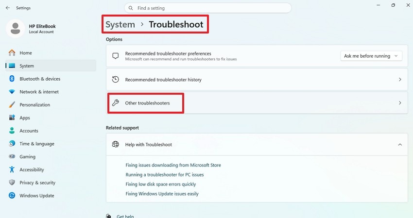 reach windows troubleshoot settings