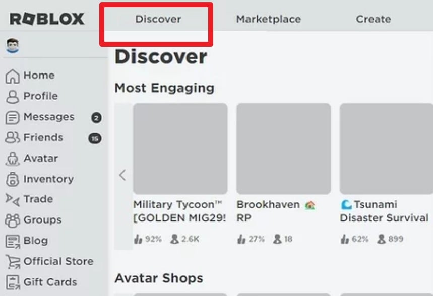 choose roblox discover page