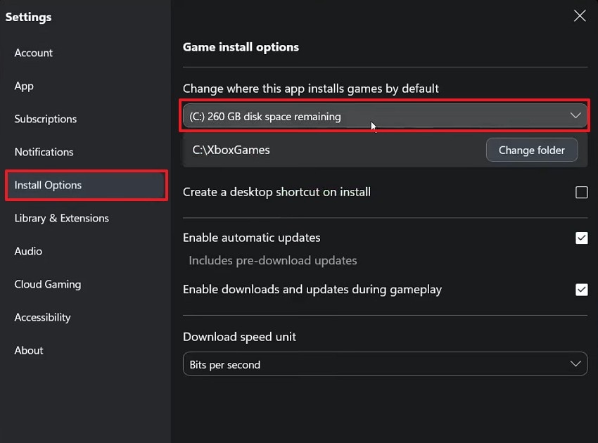 change xbox default install drive