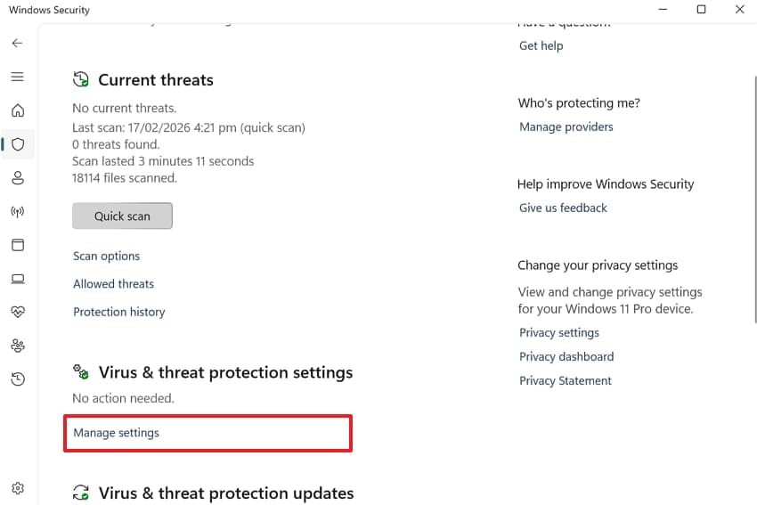 manage settings