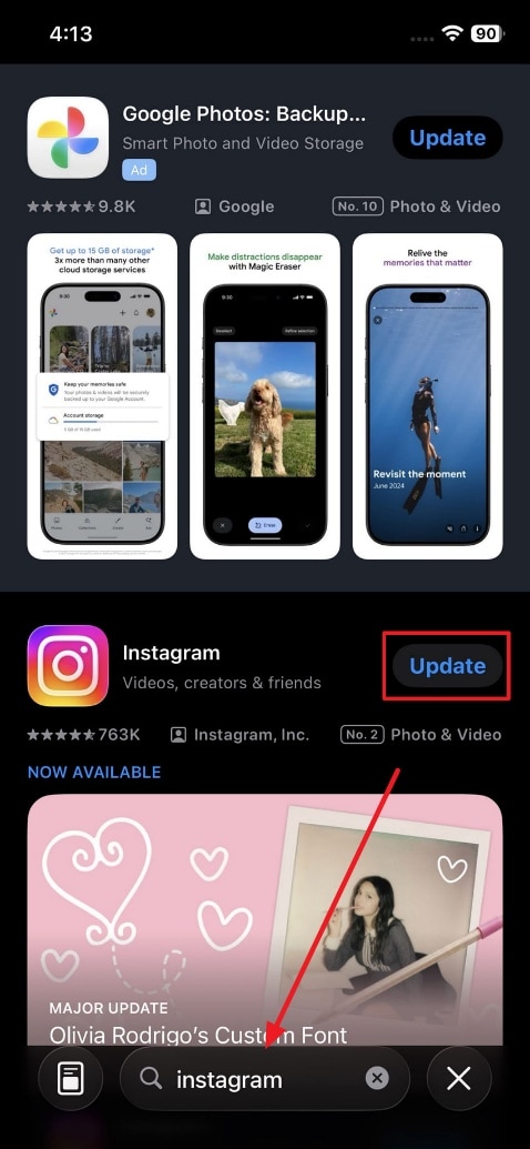 update instagram app