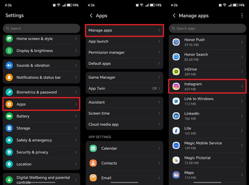 access instagram app settings