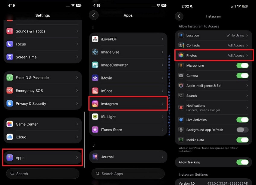 allow photos access on instagram