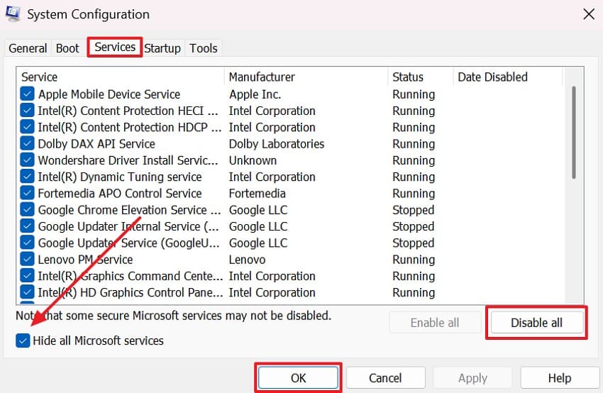 enable hide all microsoft services