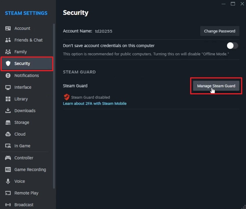 choose manage steam guard
