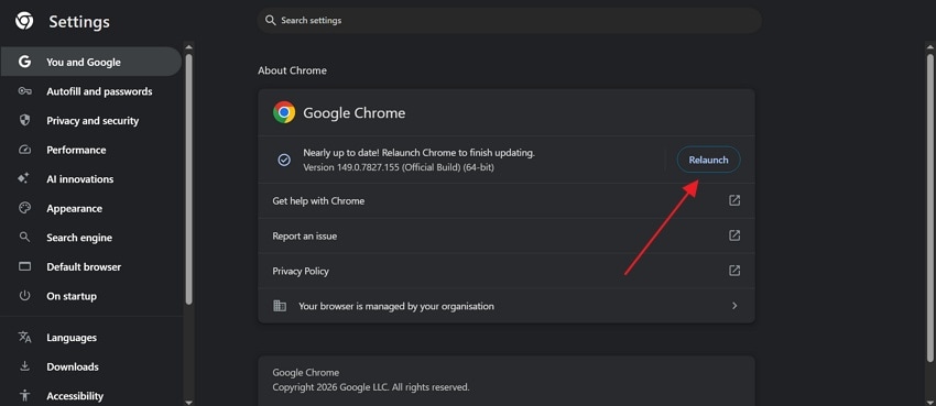 update chrome and relaunch