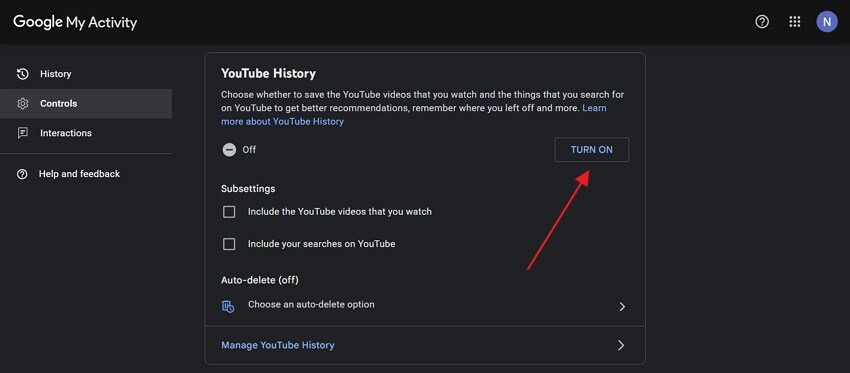enable youtube history