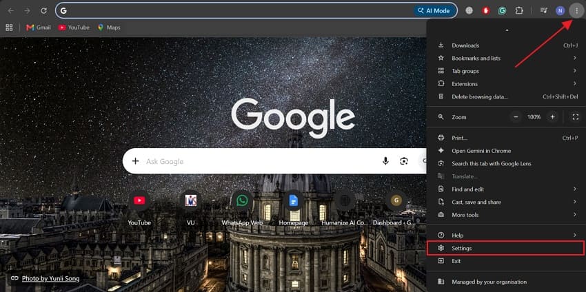 access chrome settings
