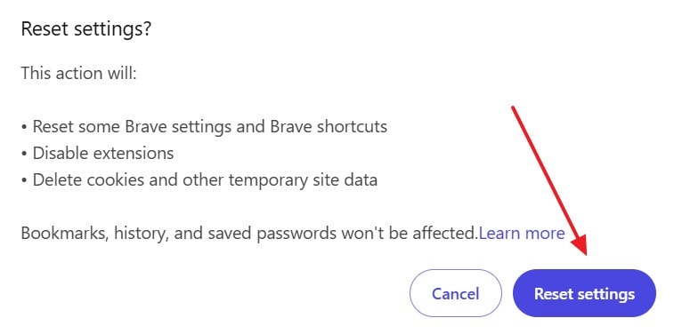 Brave 설정 기본값으로 재설정
