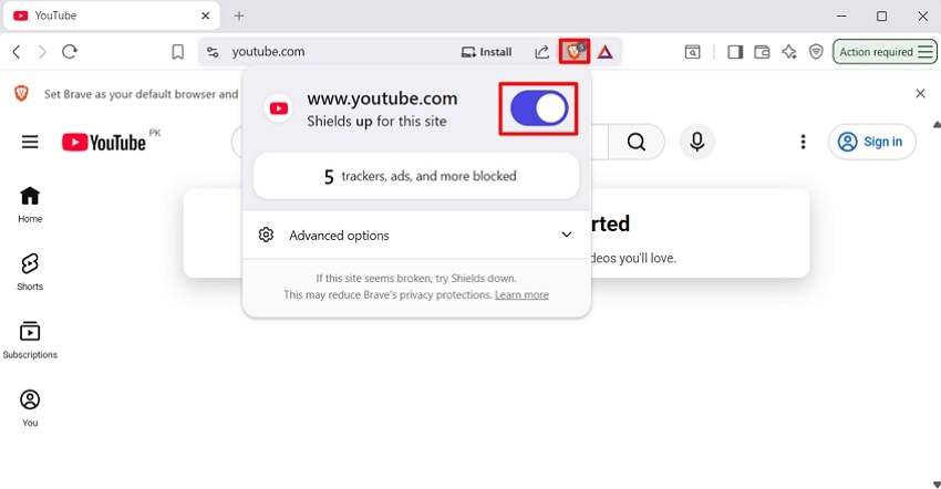 YouTube 사이트에서 Brave Shields 비활성화