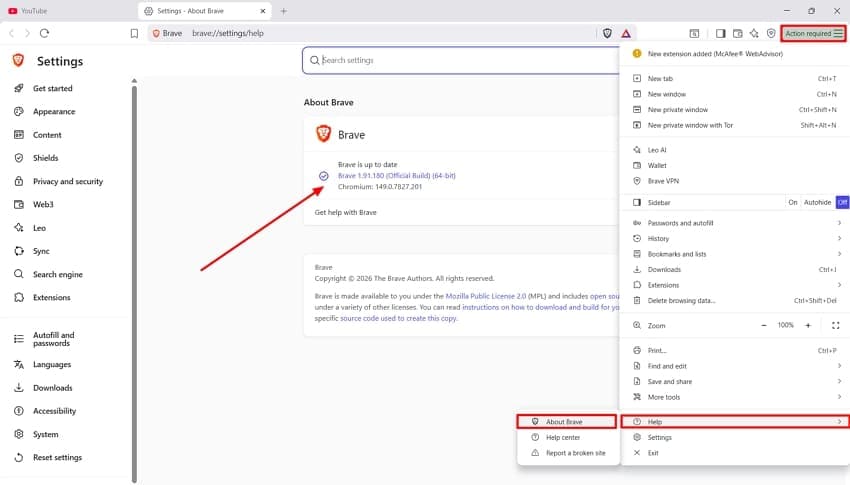 Brave 브라우저 업데이트 확인