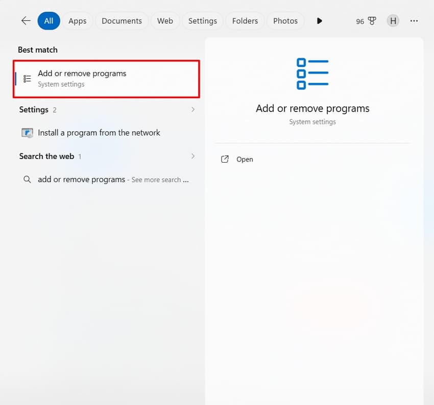 Windows 프로그램 추가 제거 열기