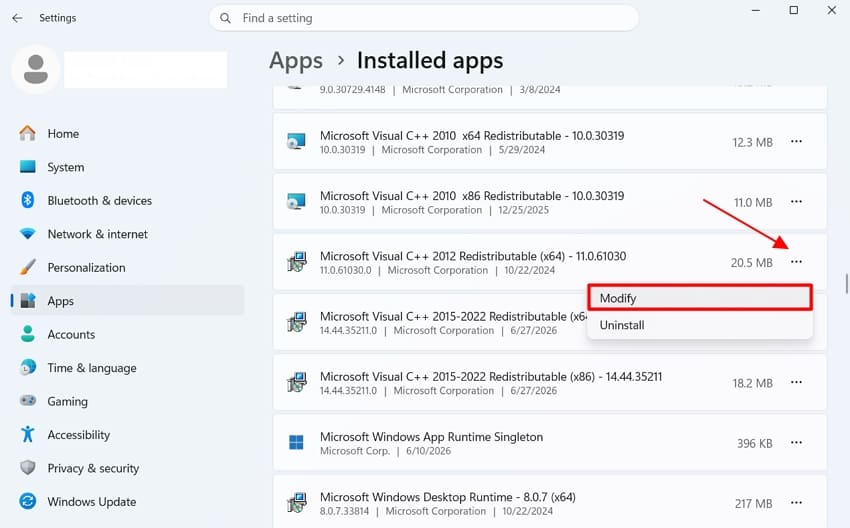 Microsoft Visual C++ Redistributable 수정