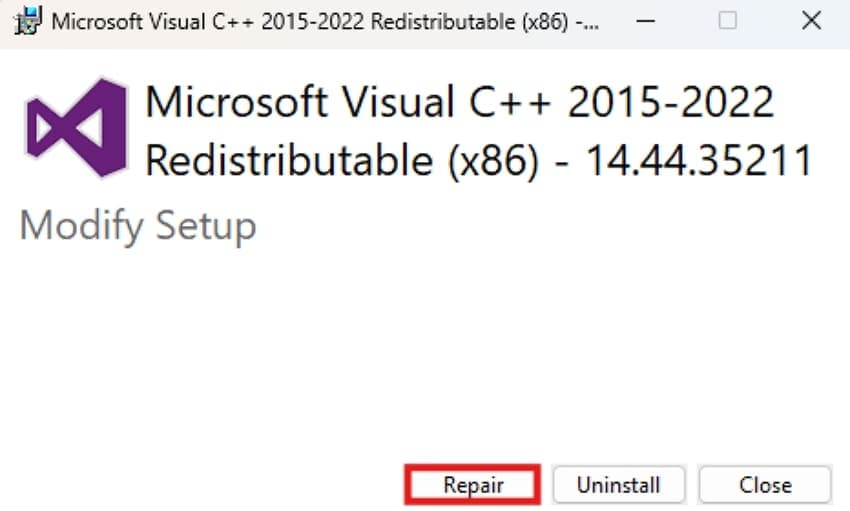 Microsoft Visual C++ Redistributable 복구