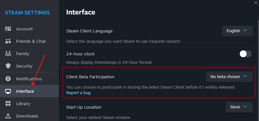 Steam 클라이언트 베타 참여 설정
