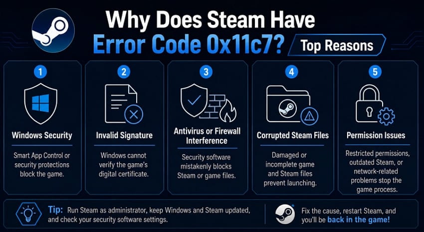 Steam 오류 코드 0x11c7이 발생하는 주요 원인