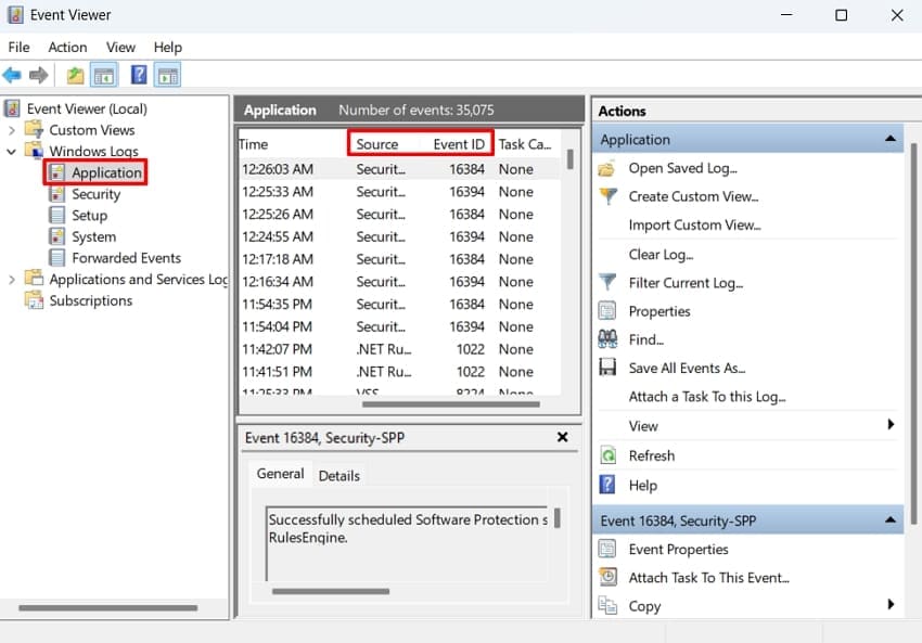 Windows 이벤트 뷰어 응용 프로그램 로그 확인