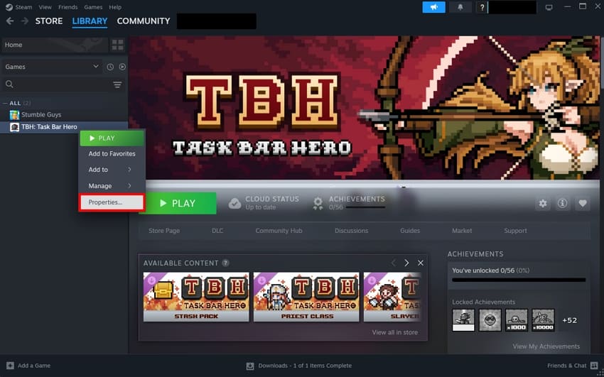 Steam 게임 속성 열기