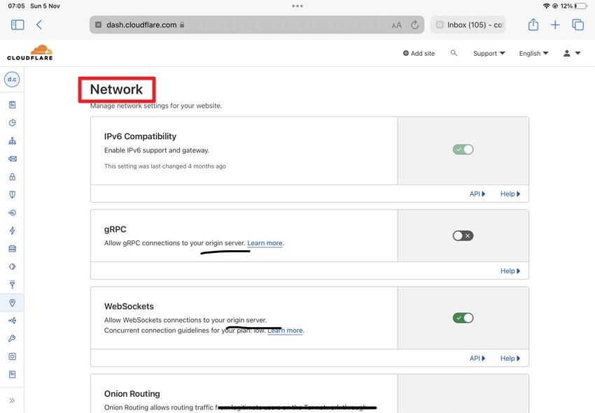 Cloudflare 네트워크 옵션 확인