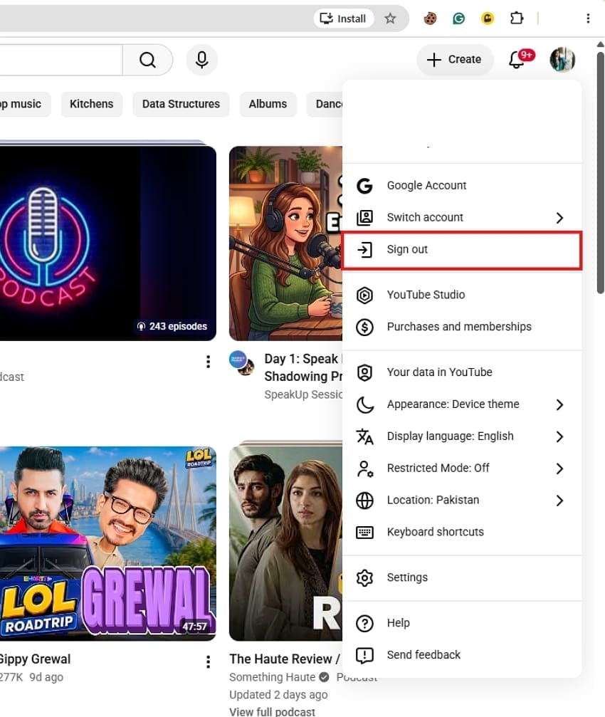 sign out your youtube profile