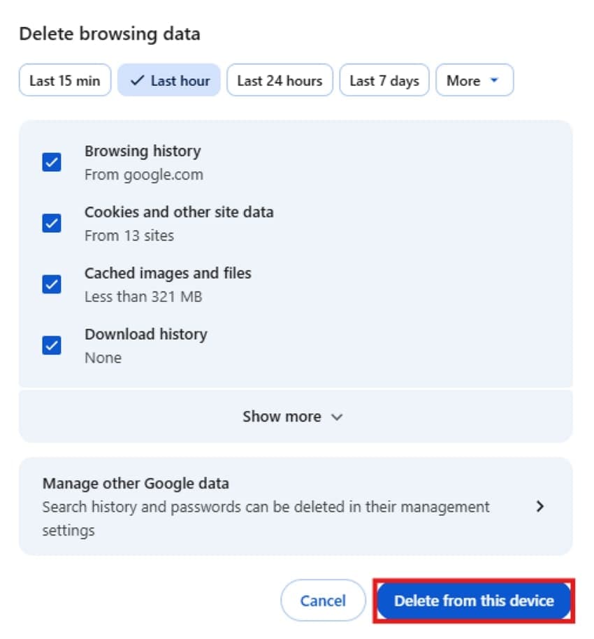 deleted unused browsing data