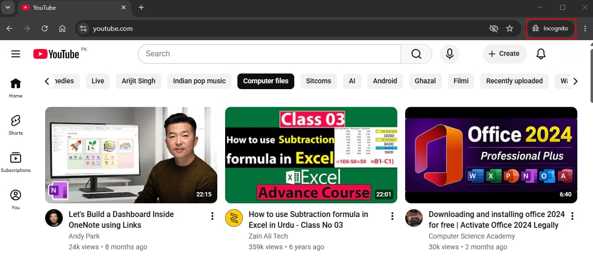 open youtube incognito window