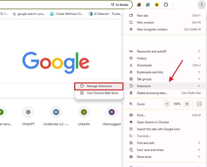 open manage extension window