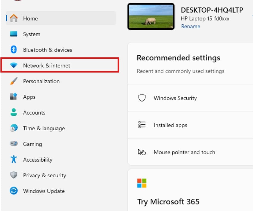 open network and internet settings