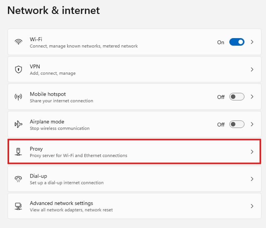 select proxy setting option