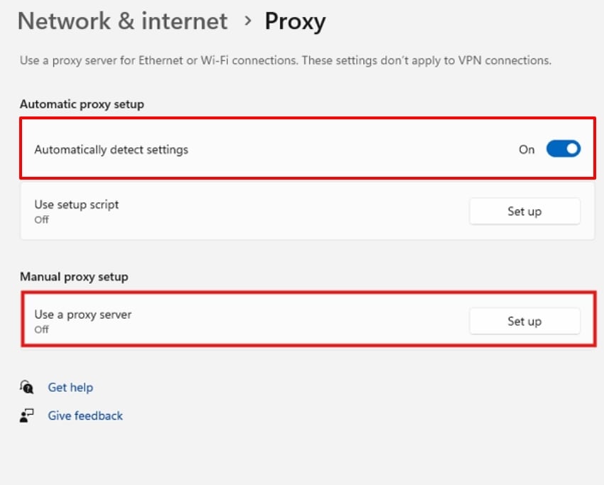 use a proxy server toggle off