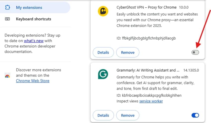 disable unnecessary extensions window