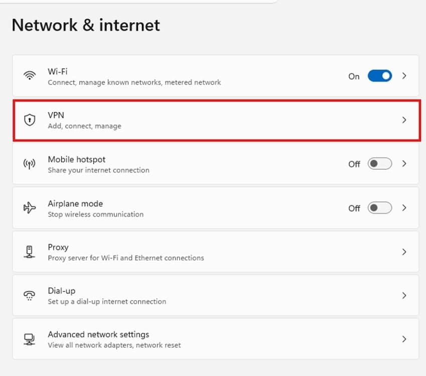 open network and internet settings