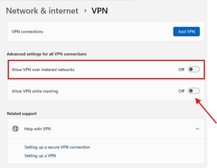 vpn rooming metered newtork turn off