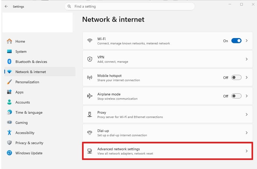 open advanced network setting