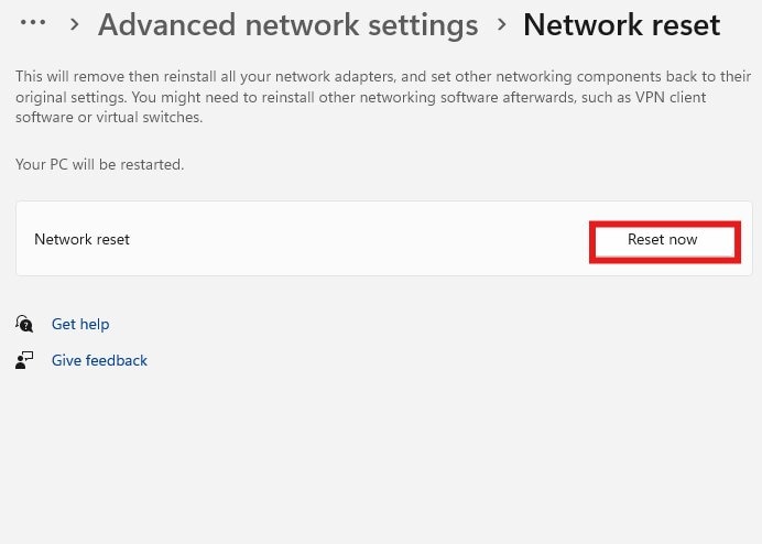 reset network settings windows