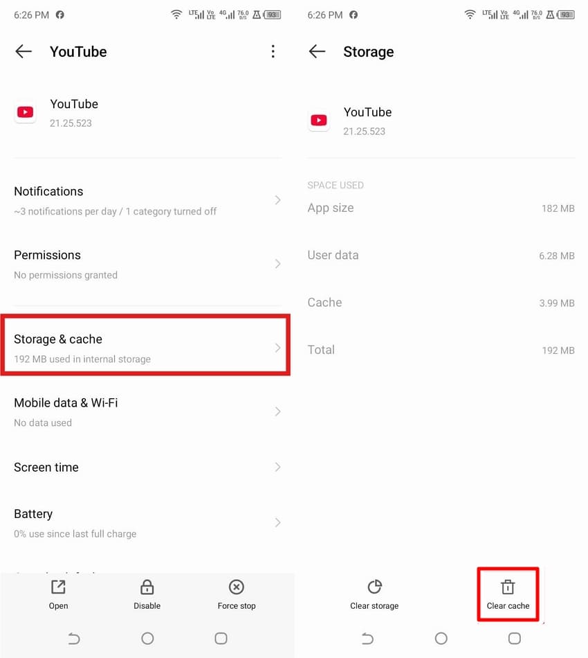 clear youtube app cache android